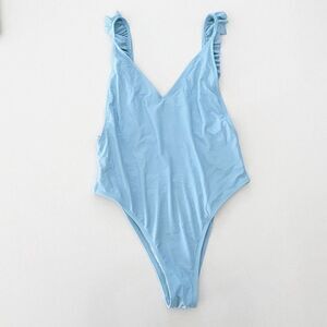Womens SheIn One Piece Bathing Suit Monokini Ruffle Deep Plunge Small Light Blue